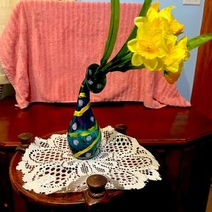 Unique Glass Vase. Thick glass. Blue glass with yellow and pink. Hand Painted.